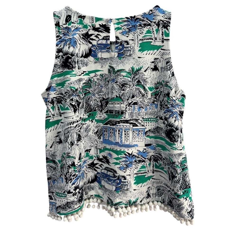 Ann Taylor Tank Top Womens M Tropical Print Coastal Pom Pom Hem Keywhole Back - Picture 2 of 9